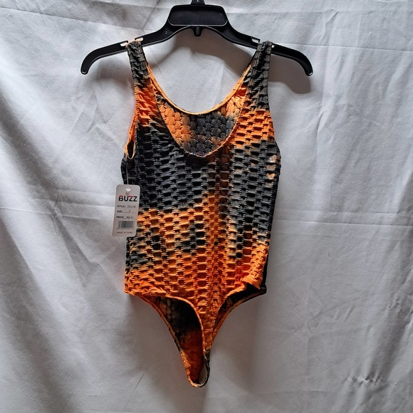 Buzz Small Orange Black Waffle fabric scoop neck bodysuit - Picture 2 of 7